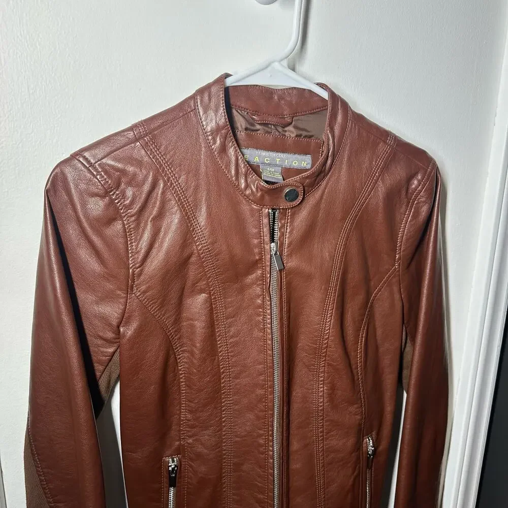 Kenneth Cole Reaction Brown Faux Leather Moto Jacket Size Small
